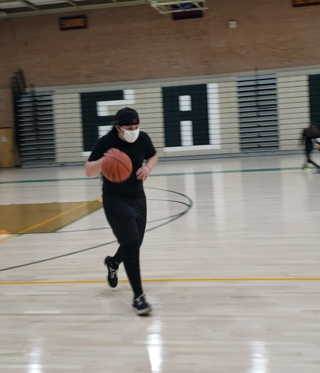 Person dribbling a basket ball in a gym